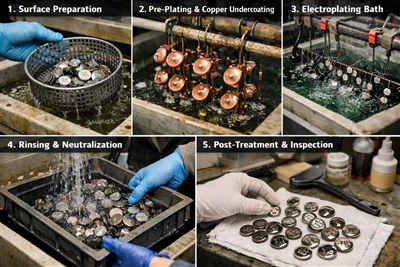 Konprann Teknoloji Electroplating yo itilize nan bouton metal ak etikèt metal